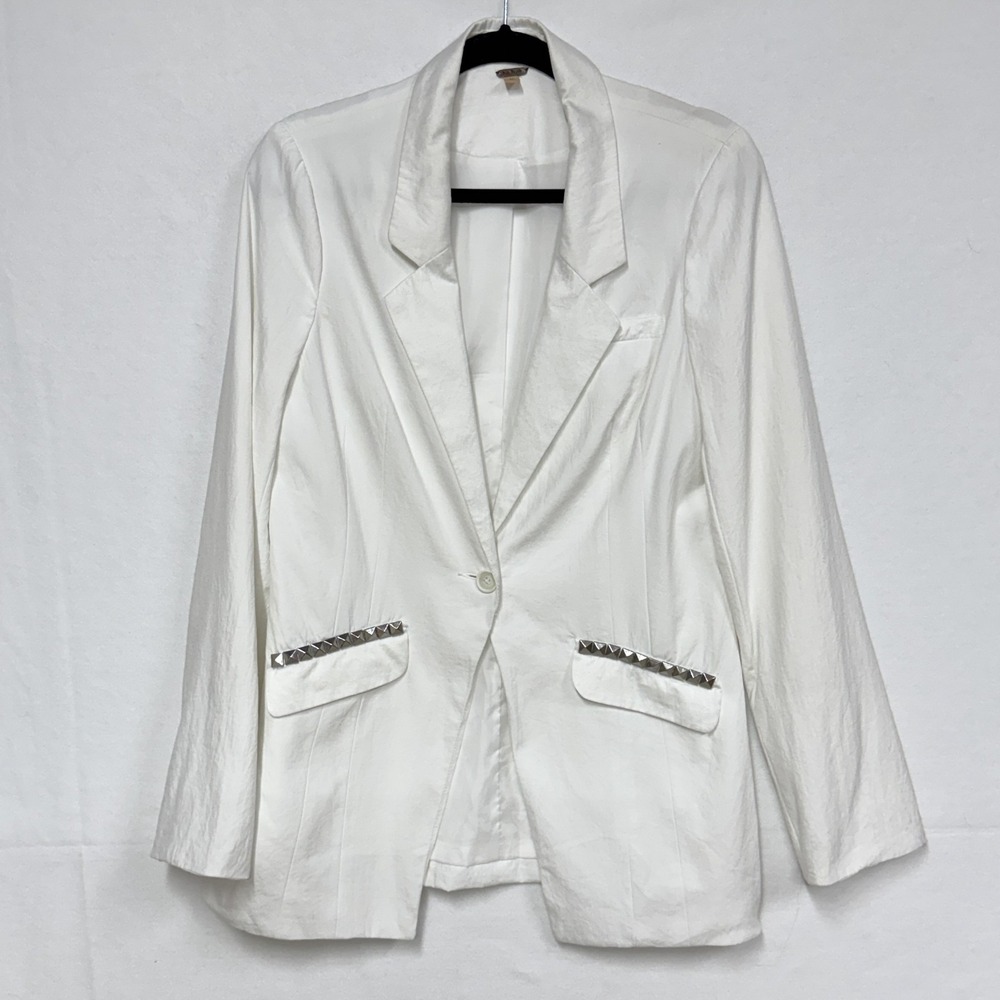 Free People Long Bright White Blazer, Size 12, Silver-Tone Studded Pockets Lined